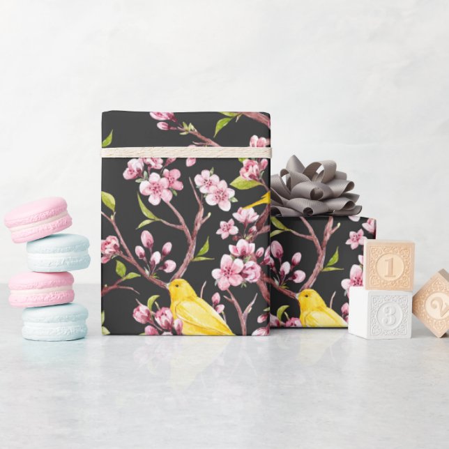 Papel de Regalo de Canarios Amarillos y Flores de  (Baby Shower)