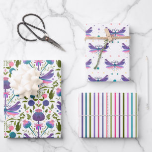 Papel de regalo de Cardos, Libélulas y Rayas