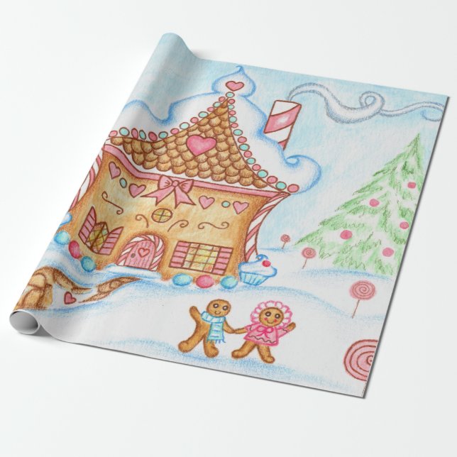 Papel de regalo de casa de jengibre de Navidad lin (Desenrollado)