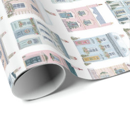 Papel de regalo de casas de Navidad con acuarela e