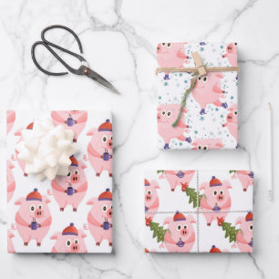 Papel de regalo de cerdos navideños festivos