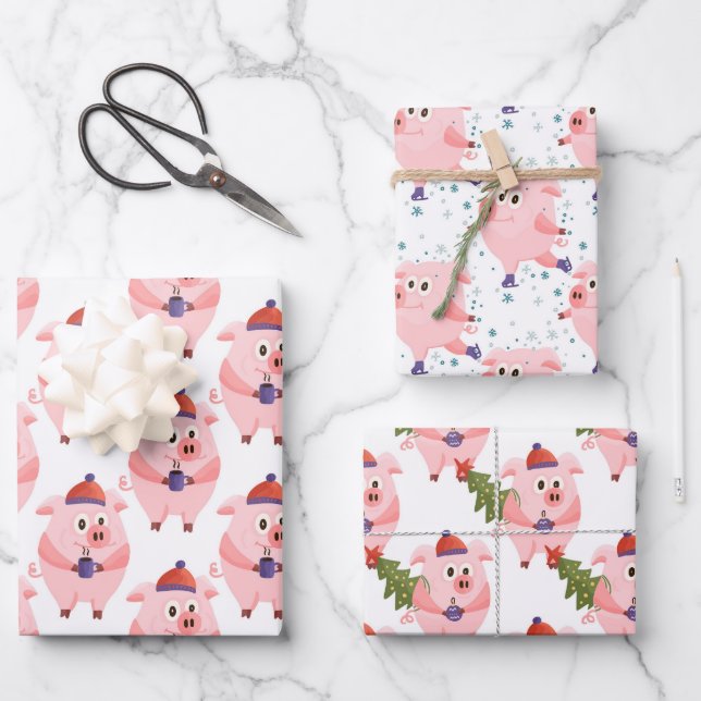 Papel de regalo de cerdos navideños festivos (Anverso)
