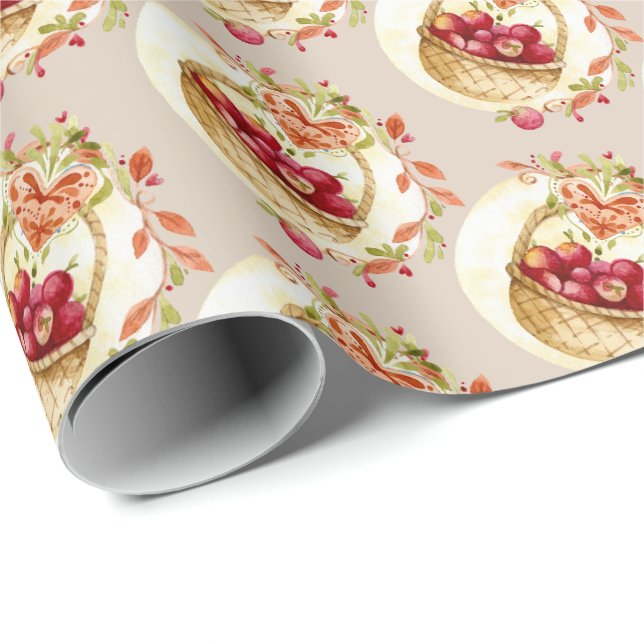Papel de regalo de cesta de manzana de otoño (Esquina del rollo)