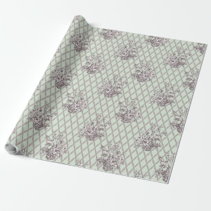 Papel de regalo de cesta floral vintage en verde s