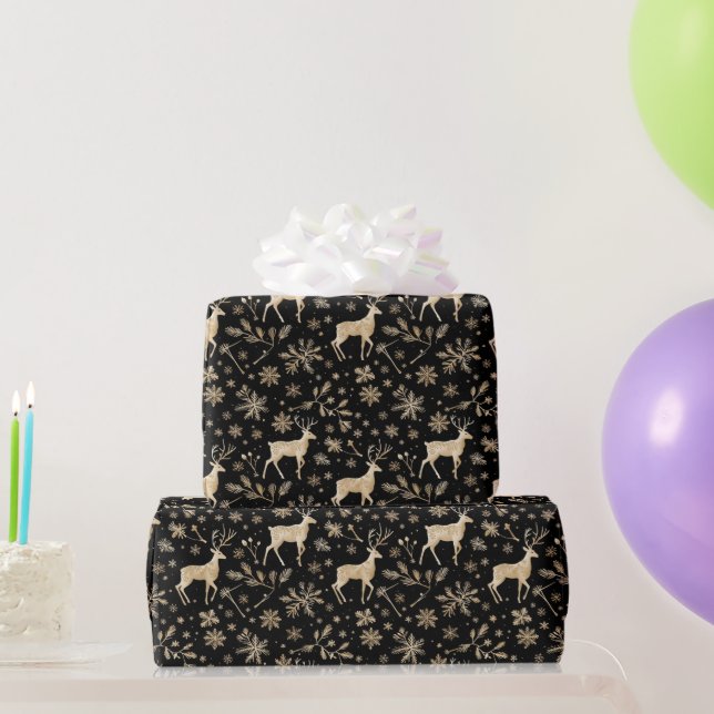 Papel de regalo de ciervo negro y dorado | Navidad (Regalos de fiesta)