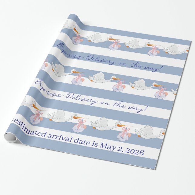 Papel de regalo de cigüeña bebé azul y blanco a ra (Desenrollado)