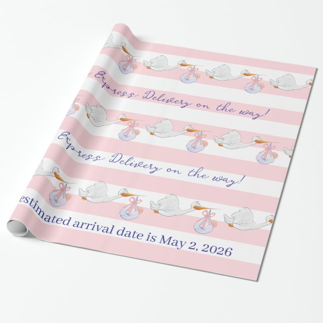 Papel de regalo de cigüeña bebé rosa y blanco a ra (Desenrollado)