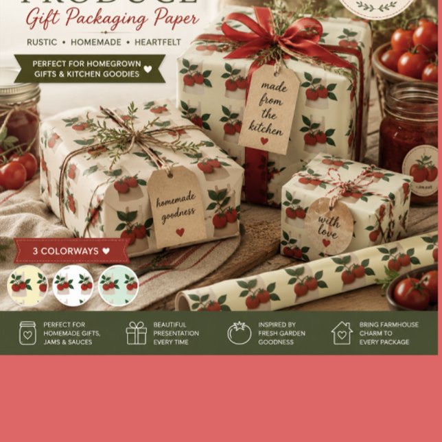 Papel de Regalo de Cocina Jardín de Tomates (Gift wrapping paper for canning produce and gifting to friends and family or housewarming gifts)
