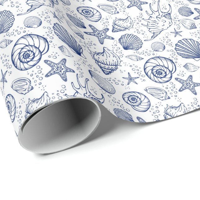 Papel de regalo de conchas de mar y estrellas de m (Esquina del rollo)