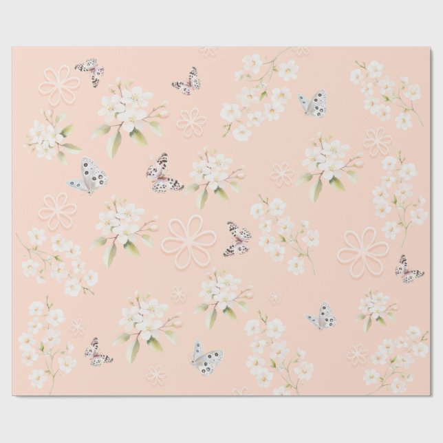 Papel de regalo de conejito y mariposa con flores  (Superficie plana)