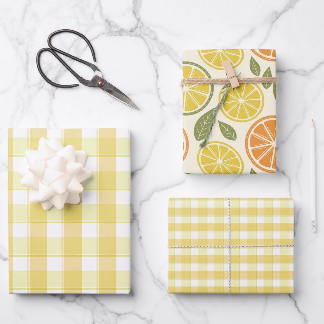 Papel de regalo de conjunto amarillo limón a cuadr (Anverso)
