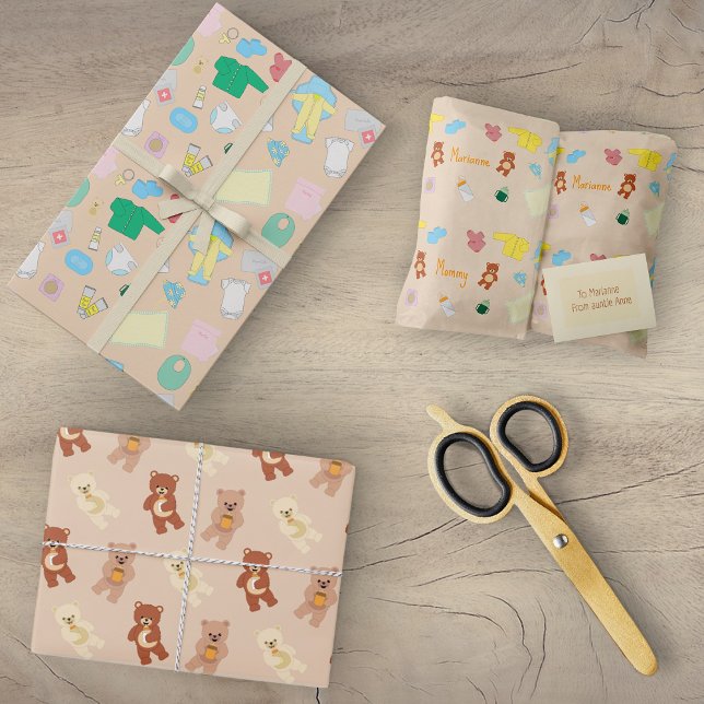 Papel de regalo de cosas de bebé/Teddy Bears (Cute baby stuff wrapping paper parcels)