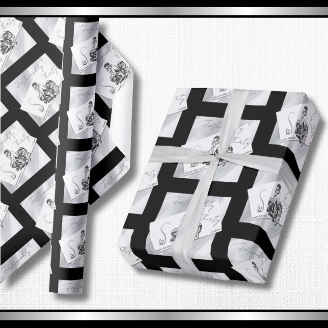 Papel de regalo de couture Modern Noir cumpleaños  (Chic Noir couture wrapping paper with a modern repeating fashion card print.)