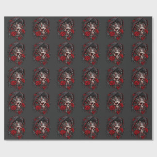 Papel de regalo de cráneo gótico y rosas rojas - O