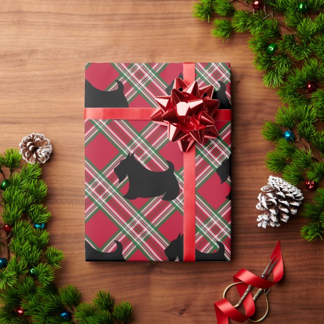 Papel de regalo de cuadros rojos con Terrier Escoc (Regalo de vacaciones)