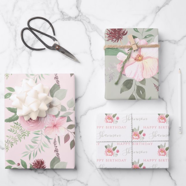 Papel de regalo de cumpleaños con flores en acuare (Anverso)