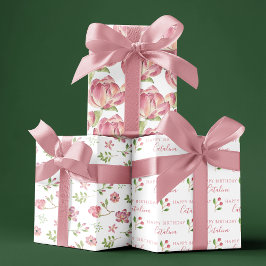 Papel de regalo de cumpleaños con flores rosas