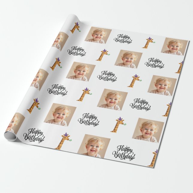 Papel de regalo de cumpleaños de jirafa con foto (Desenrollado)