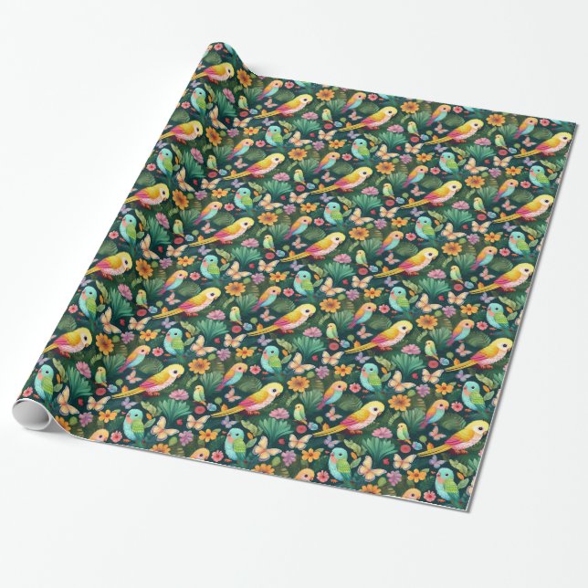 Papel de regalo de cumpleaños de loro tropical (Desenrollado)