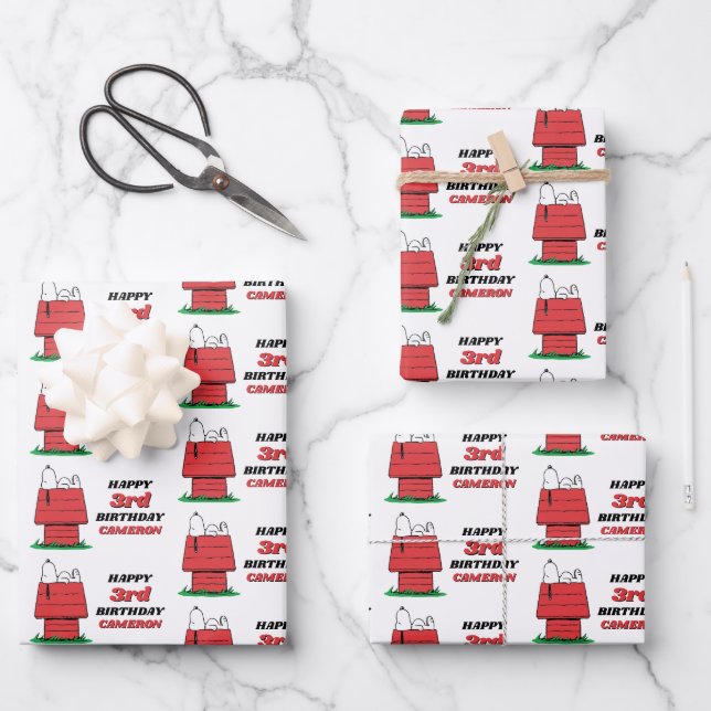 Papel de regalo de cumpleaños de Snoopy Casa de pe (Anverso)