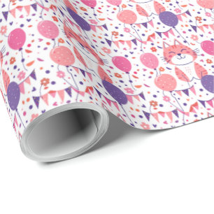 Papel de regalo de cumpleaños Gatito Rosa y Globos