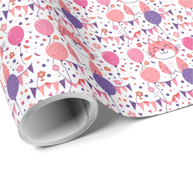 Papel de regalo de cumpleaños Gatito Rosa y Globos (Esquina del rollo)