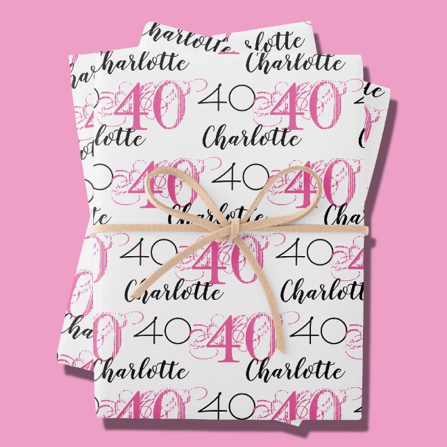 Papel de regalo de cumpleaños número 40 rosa con n (in-situ depiction of wrapping paper set)
