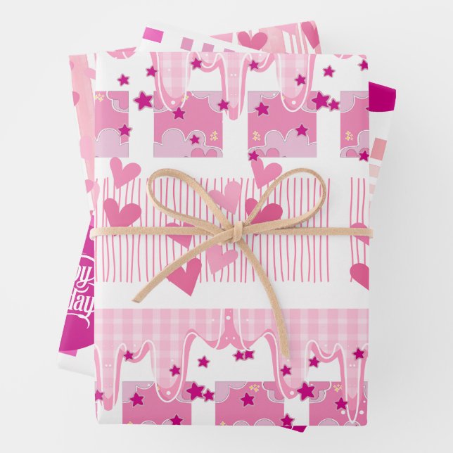 Papel de regalo de cumpleaños rosa juego de 3 hoja (In situ)