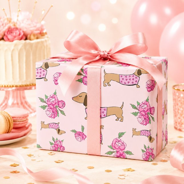 Papel de regalo de Dachshund rosa floral (Dachshund Wrapping Paper Pink Floral Gift Wrap)