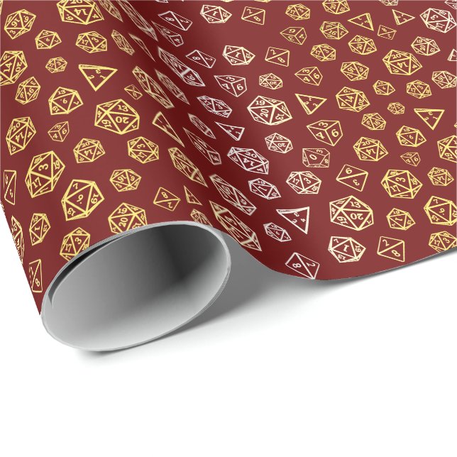 Papel de regalo de dados de rol rojo y dorado (Esquina del rollo)