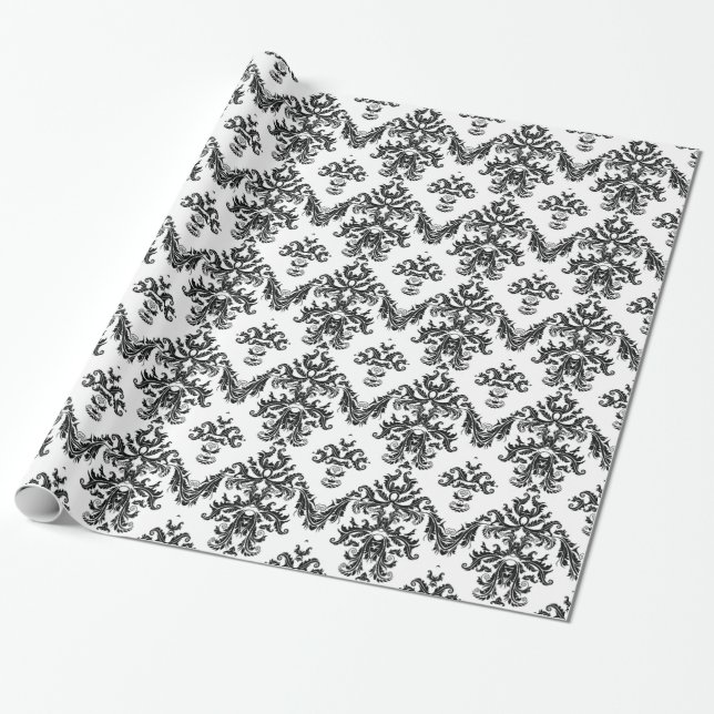 Papel de regalo de Damasco Blanco Negro  Negro (Desenrollado)
