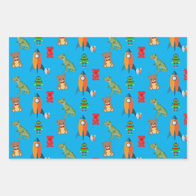 Papel de regalo de Dinos, Cohetes y Osos (Anverso)