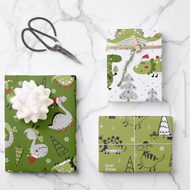 Papel de Regalo de Dinosaurios de Navidad Juego de (Anverso)