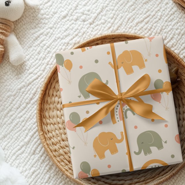 Papel de regalo de elefante arcoíris retro neutro  (Subido por el creador)