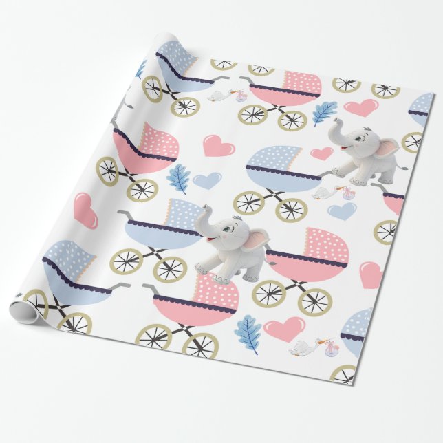 Papel de regalo de elefante Cochecito de bebé rosa (Desenrollado)