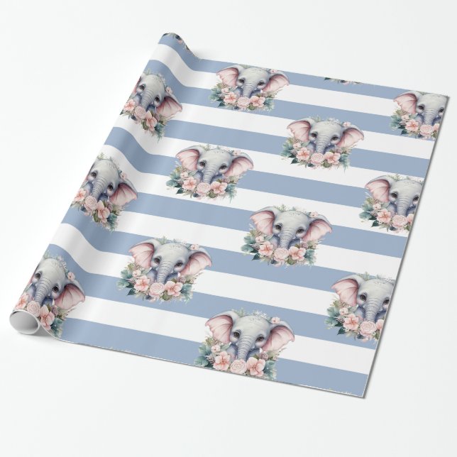 Papel de regalo de elefante raya azul y blanco  (Desenrollado)
