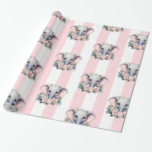 Papel de regalo de elefante raya rosa y blanco 