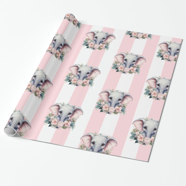 Papel de regalo de elefante raya rosa y blanco  (Desenrollado)