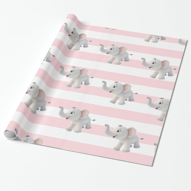 Papel de regalo de elefante raya rosa y blanco (Desenrollado)