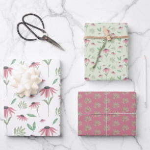 Papel de regalo de equinácea, juego de 3 láminas p