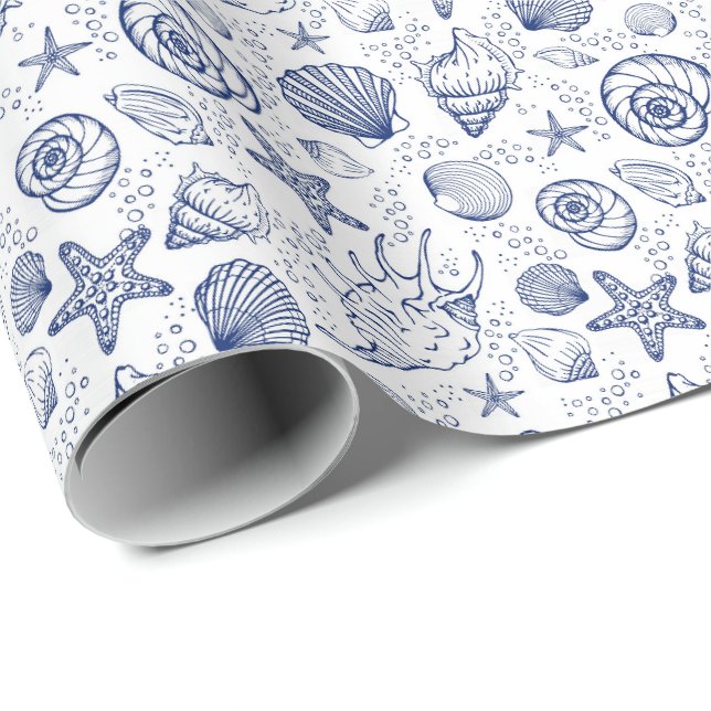 Papel de regalo de estrella de mar con conchas mar (Esquina del rollo)
