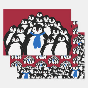 Papel de regalo de familia de pingüinos en rojo de