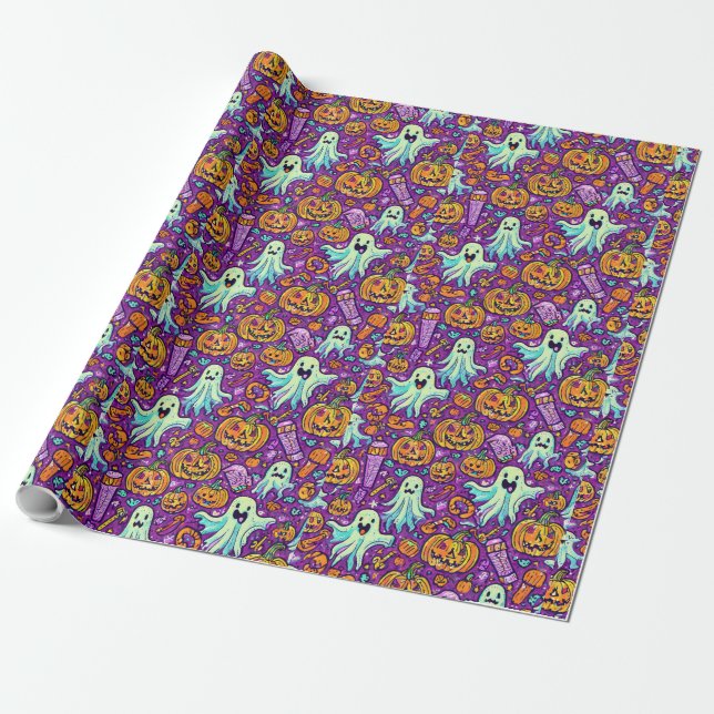 Papel de regalo de fantasmas y calabazas de Hallow (Desenrollado)