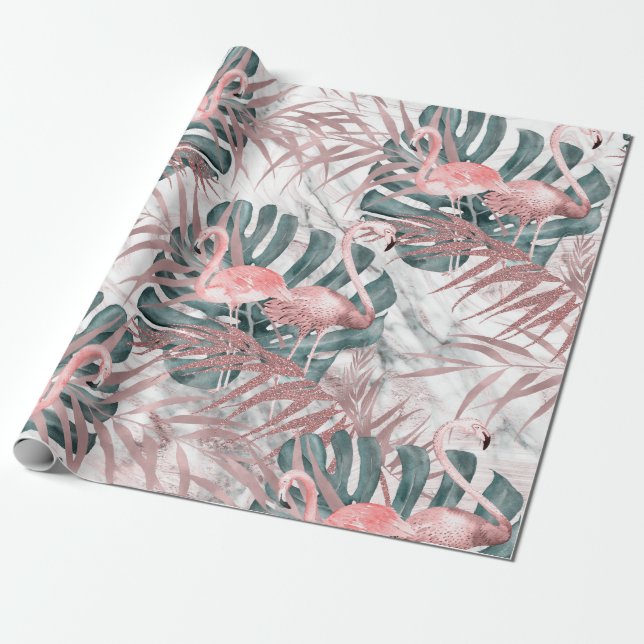 Papel de regalo de flamencos tropicales de oro ros (Desenrollado)
