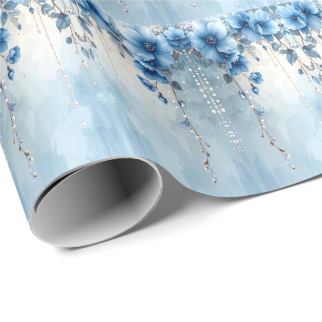 Papel de Regalo de Flores Azules y Perlas (Esquina del rollo)