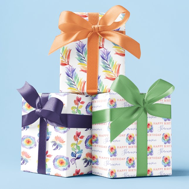 Papel de regalo de flores en acuarela arcoíris en  (Celebrate a special birthday with these personalized wrapping paper sheets! )