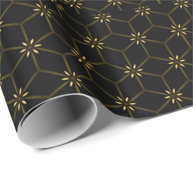 Papel de regalo de flores geométricas negras y dor (Esquina del rollo)