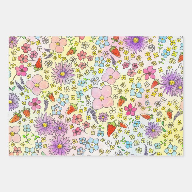 Papel de regalo de flores y fresas (Anverso)