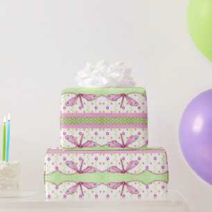 Papel de regalo de flores y libélulas rosas