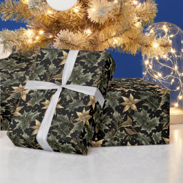 Papel de regalo de follaje festivo elegante en neg